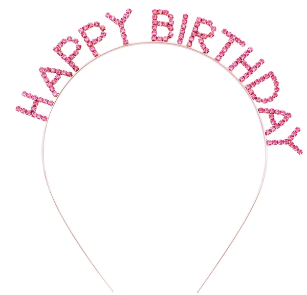 Pembe Kristal Taşlı Gold Happy Birthday Taçı