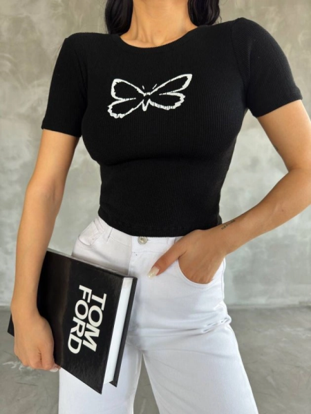 Kadın Kelebek Desenli Bisiklet Yaka Fit Bluz