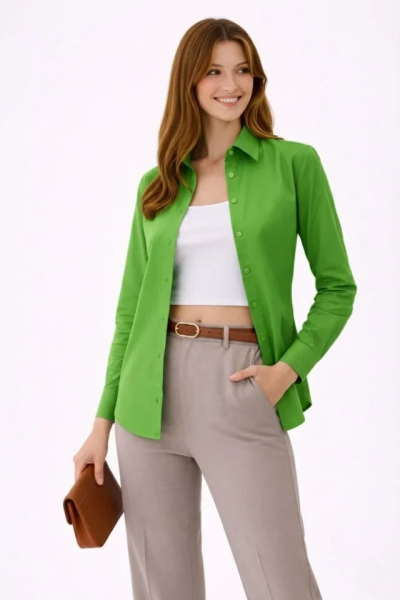 Uzun Kollu Gömlek Düğmeli Klasik Yaka Günlük Ve Ofis Şıklığına Uygun - Yeşil