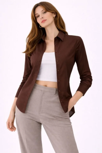 Uzun Kollu Gömlek Düğmeli Klasik Yaka Günlük Ve Ofis Şıklığına Uygun - Kahverengi