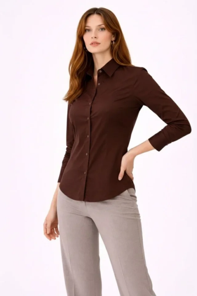 Uzun Kollu Gömlek Düğmeli Klasik Yaka Günlük Ve Ofis Şıklığına Uygun - Kahverengi
