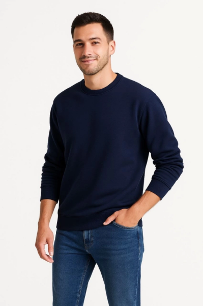 Erkek Üç İplik Düz Bisiklet Yaka SweatShirt - Lacivert