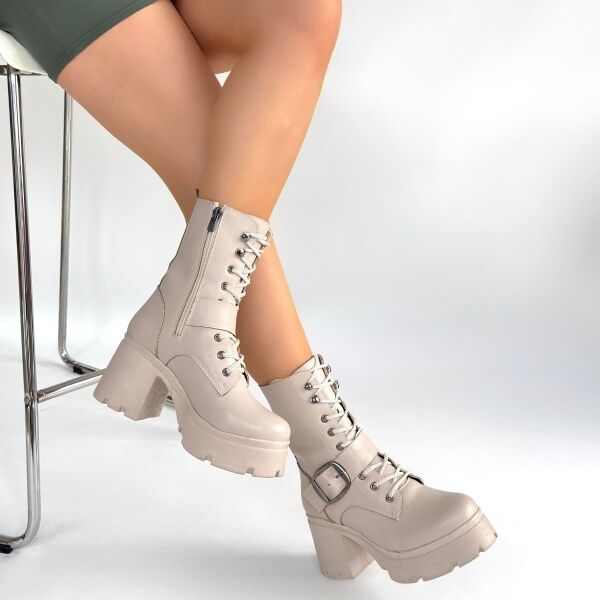 Linma Bej Cilt Bağcıklı Topuklu Bot