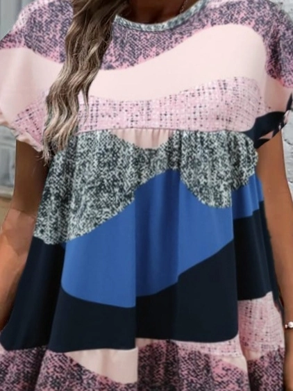 Kadın Kısa Kollu Bisiklet Yaka Kare Desenli Dalgıç Elbise