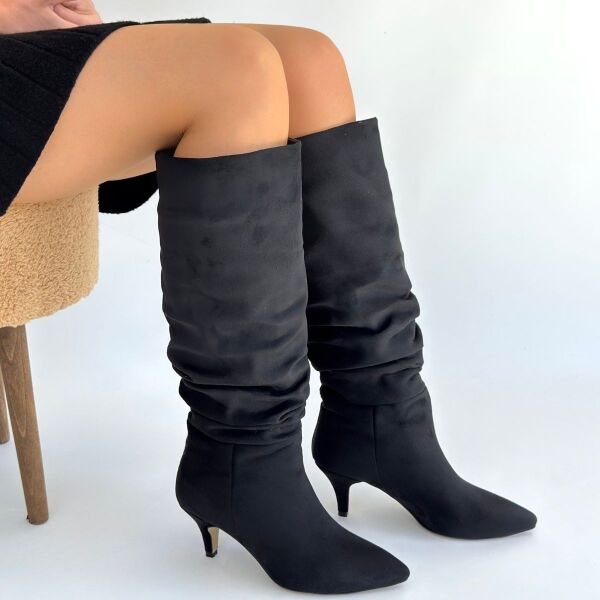 Zelya Siyah Süet Topuklu Çizme