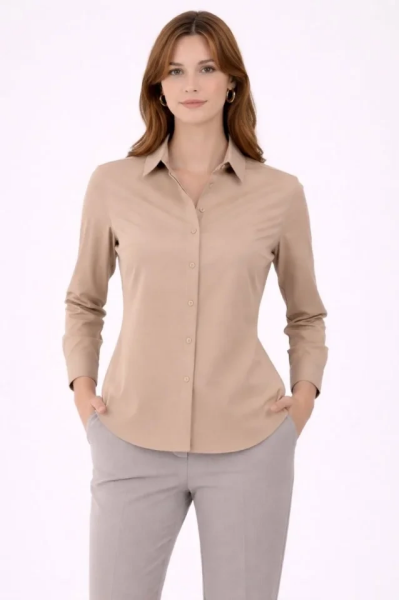 Uzun Kollu Gömlek Düğmeli Klasik Yaka Günlük Ve Ofis Şıklığına Uygun - Bej