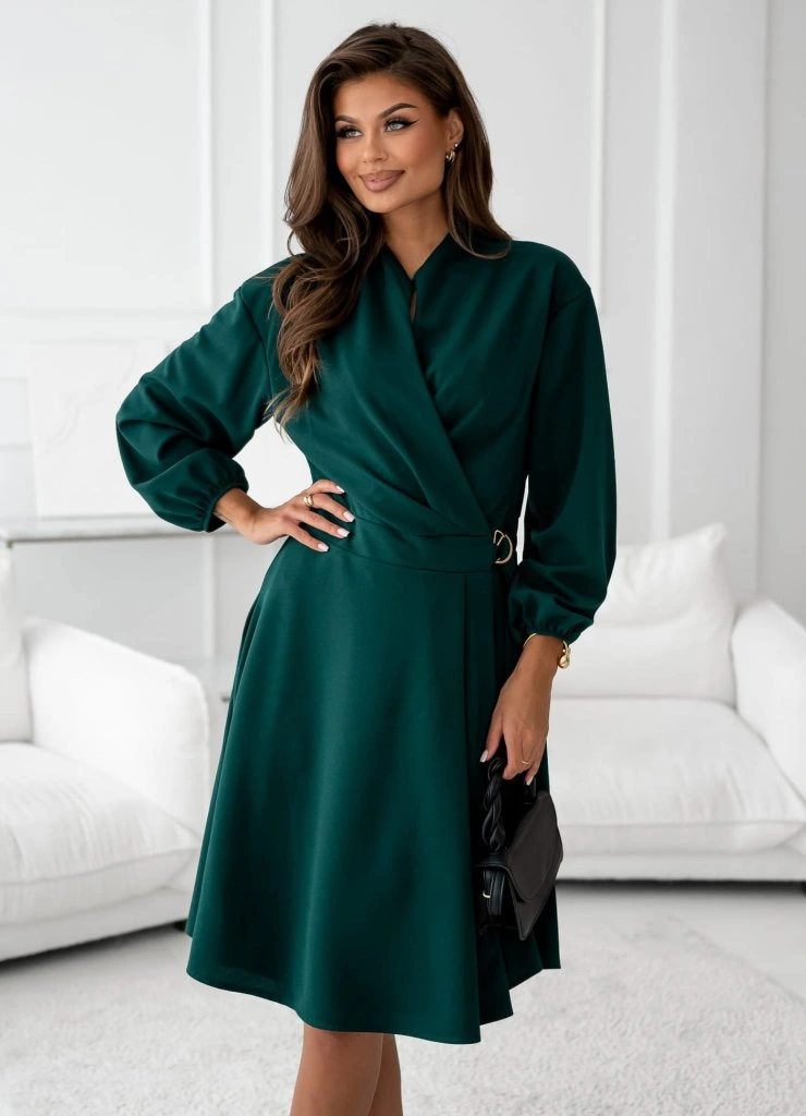 Kadın Uzun Kollu Hakim V Yakalı Yandan Toka Detaylı Ithal Mini Krep Elbise