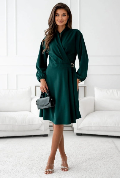 Kadın Uzun Kollu Hakim V Yakalı Yandan Toka Detaylı Ithal Mini Krep Elbise