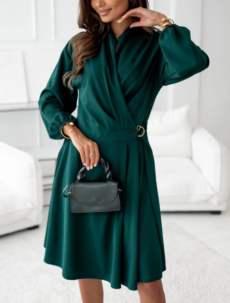 Kadın Uzun Kollu Hakim V Yakalı Yandan Toka Detaylı Ithal Mini Krep Elbise