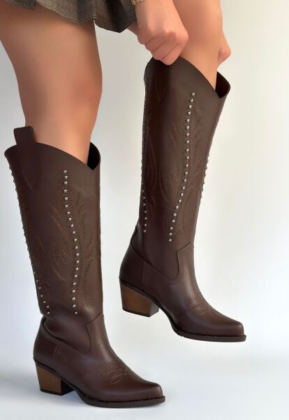 Meof Acı Kahve Cilt Topuklu Çizme