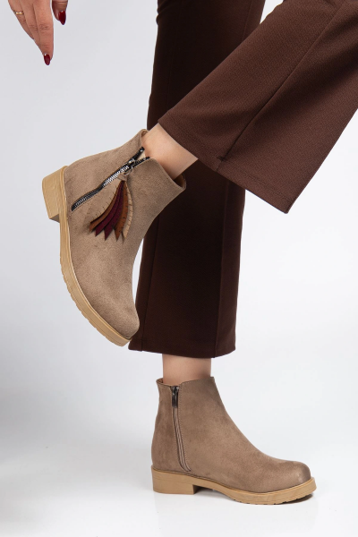 165-205 Vizon Süet  Yaprak Desenli Fermuarlı Günlük Kadın Bot