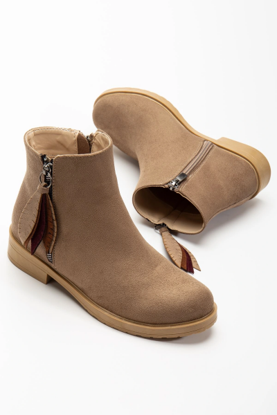 165-205 Vizon Süet  Yaprak Desenli Fermuarlı Günlük Kadın Bot