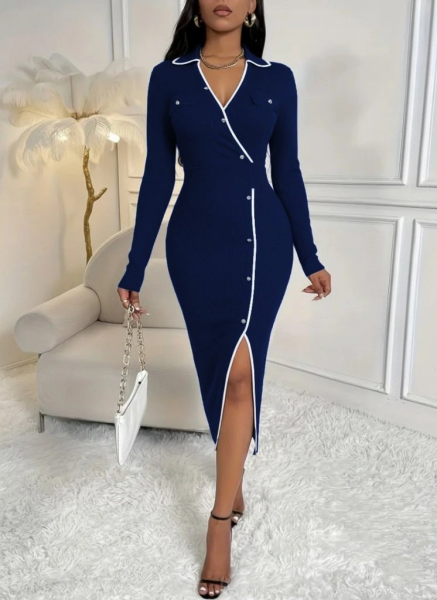 Kadın Uzun Kollu Yakalı Cepli Düğmeli Yırtmaç Detaylı Modal Uzun Elbise