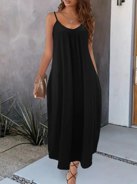 Kadın Ip Askılı Geniş V Yakalı Viskon Elbise